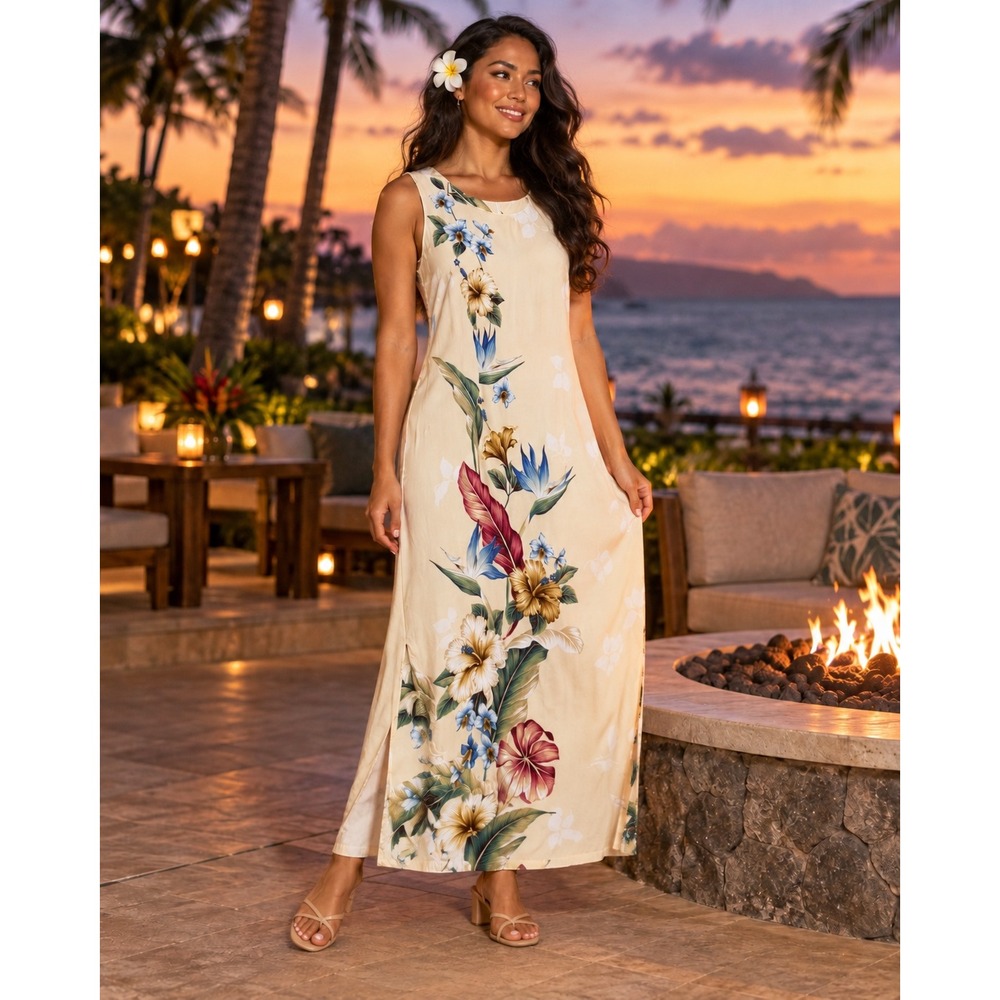 Paradise Bay Hawaii Sleeveless Maxi Dress XL Cream Tropical Floral Rayon Slit